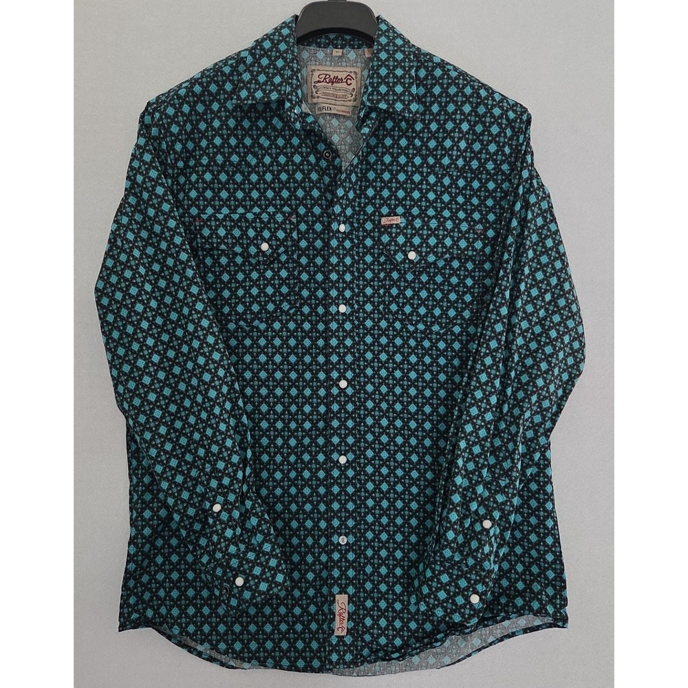 Rafter C Pearl Snap Shirt Mens M Blue Western Cowboy Rodeo Long Sleeve Pro Flex